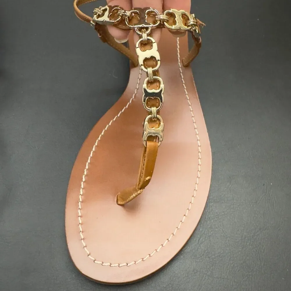 Tory Burch Gemini Link T-Strap Sandals Summer Resort Wear Leather NEW 10.5M